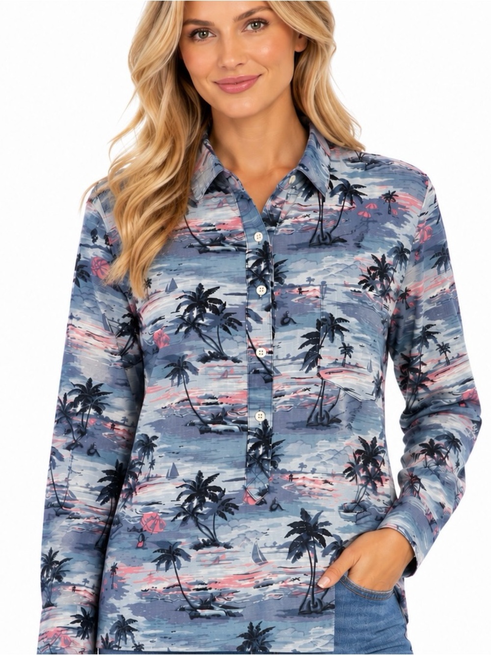 J. Crew Women's Blue Tropical Print Button-Front Shirt.
